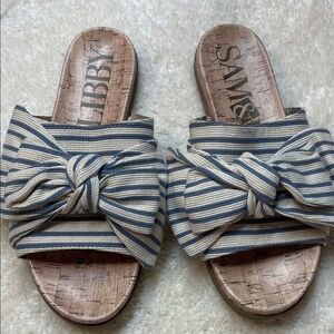 Sam & Libby Blue Cream Striped Bow Slip-On Sandal Women’s Flats Sz 6.5